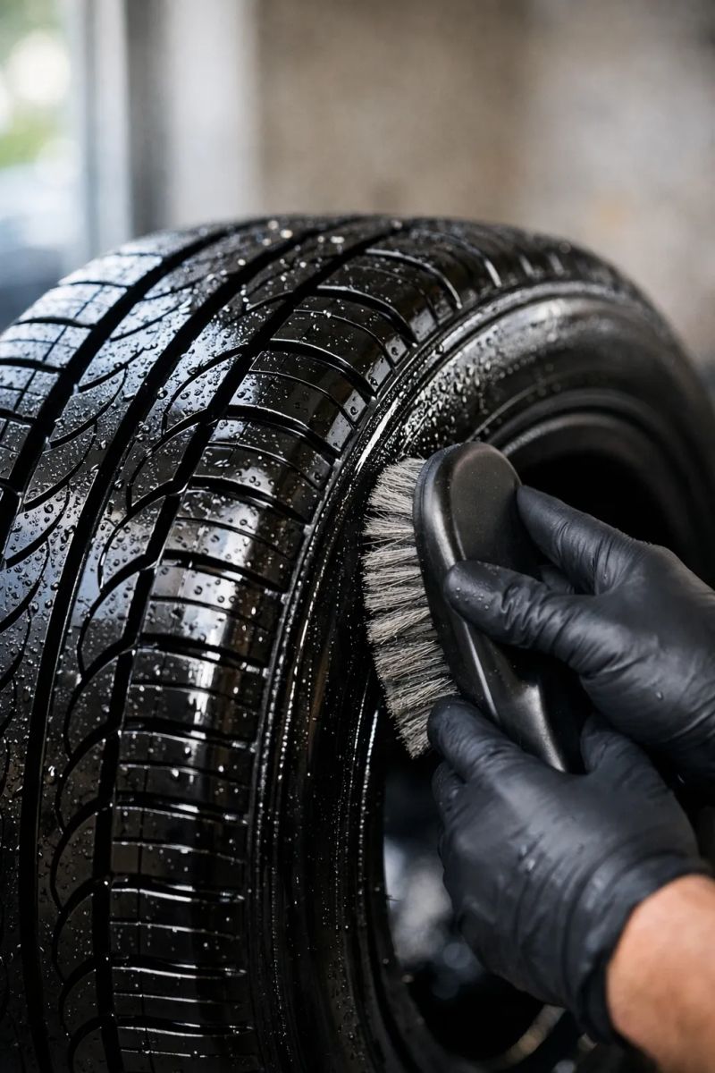 Detailer carefully cleaning a vehicle dashboard during an interior detail in Fremont, Nebraska